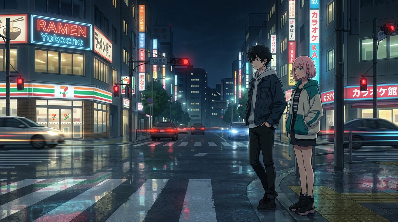 Anime subway platform with arriving train