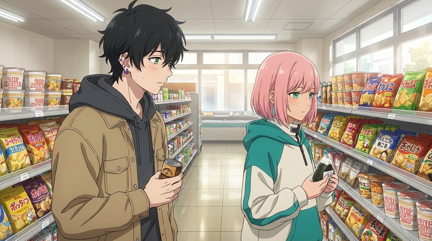 Anime vending machine glow in urban setting