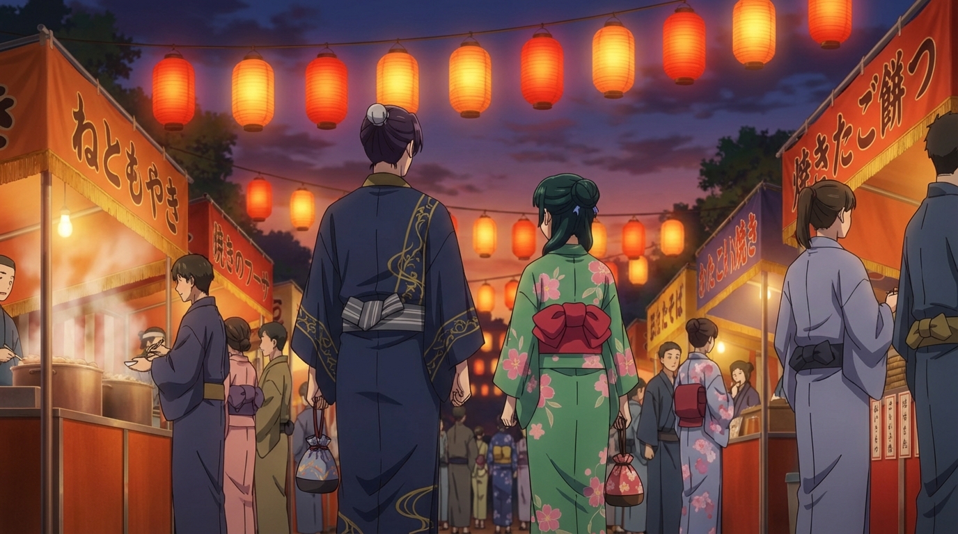 角色一起穿越人群的动漫祭典人群场景