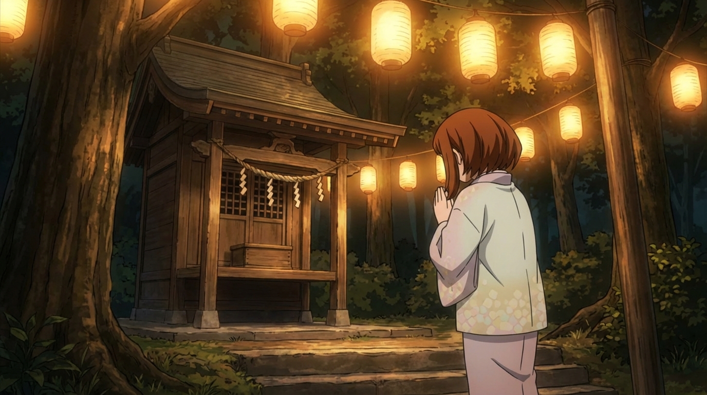 Anime lantern-lit forest shrine from the Japanese Spirituality photo pack