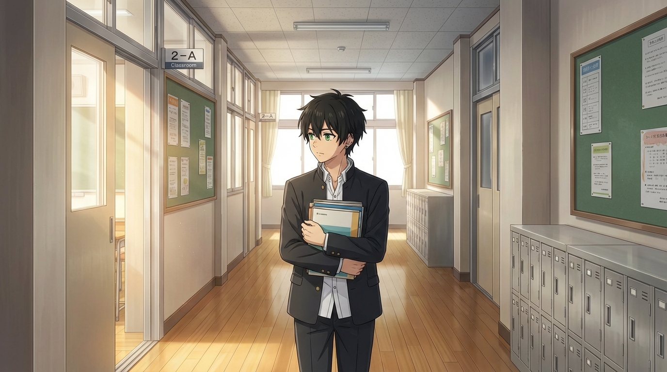 Anime school hallway with sunlight through windows