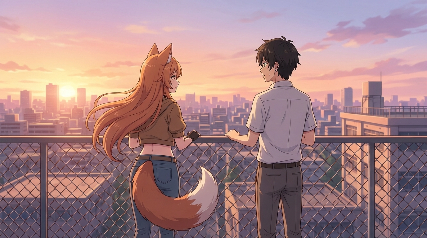 Anime school rooftop at sunset overlooking city skyline
