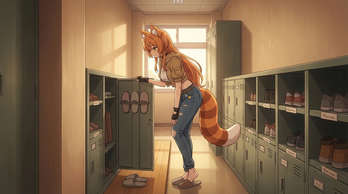 Anime school shoe locker area with metal cubbies and name tags