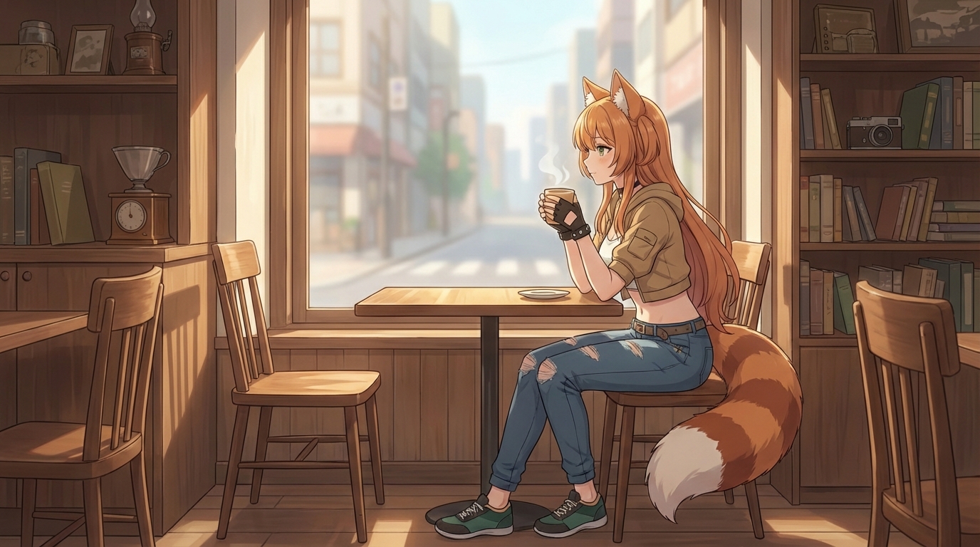 Anime character at café table by window