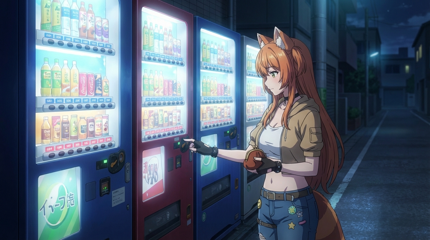 Anime vending machines glowing against a dark street at night