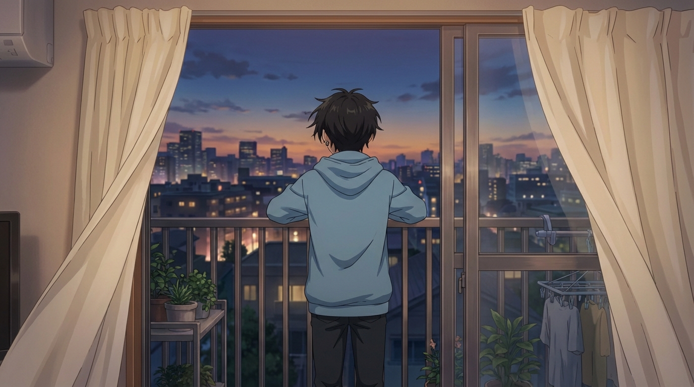 Anime apartment balcony overlooking city lights at dusk