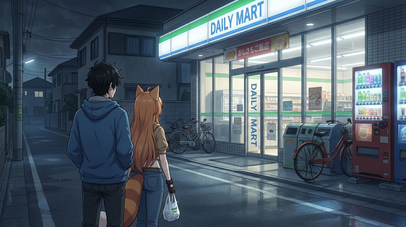 Anime convenience store at night with glowing storefront and vending machines