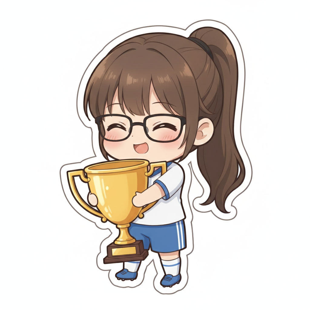 Chibi character hugging a giant trophy